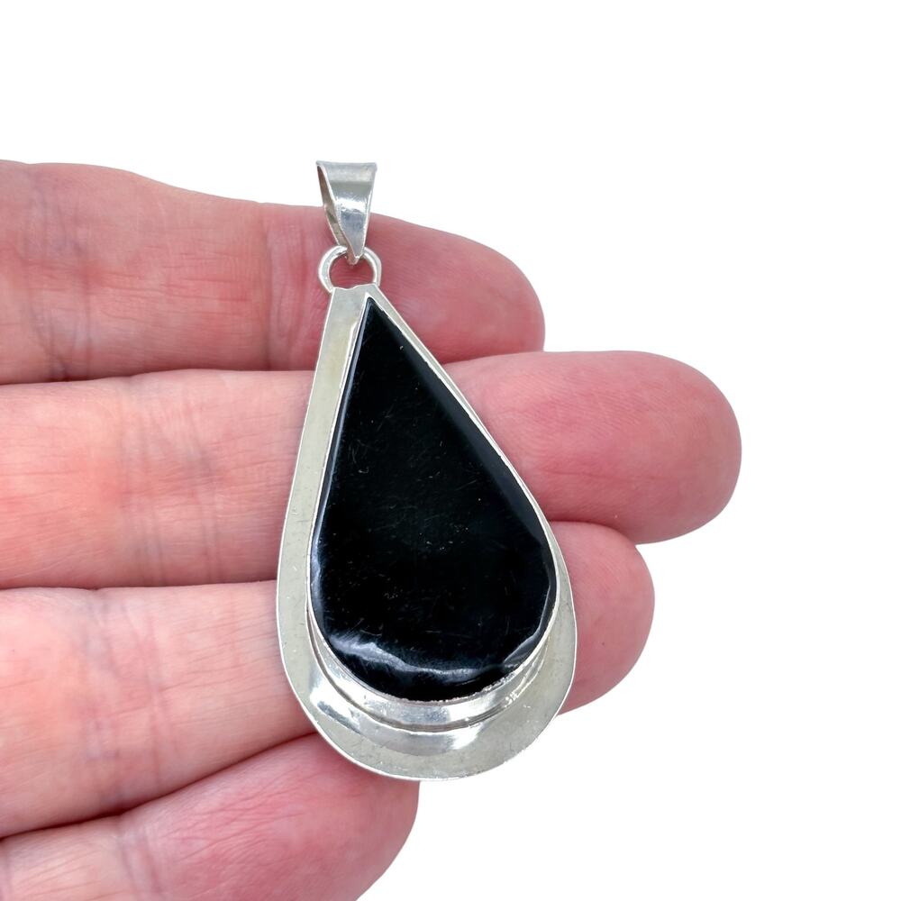 Vintage Mexico Taxco TA-152 Sterling Silver 925 Onyx Teardrop Pendant